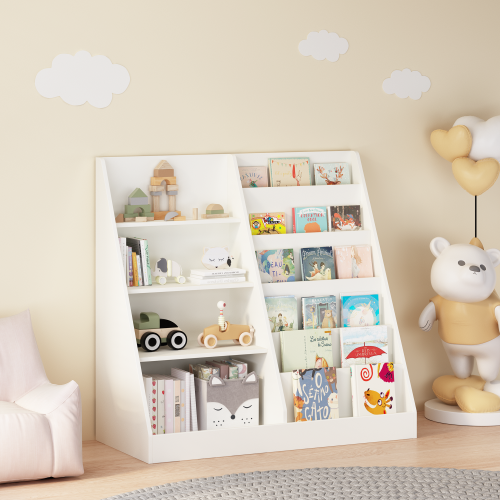 Kids Bookcase and Bookshelf, Multifunctional Bookcase with 3 Collapsible Fabric Drawers, Bookcase Display Stand, Toy Storage Organizer for Bedroom, Playroom, Hallway (White/Gray)、、casual