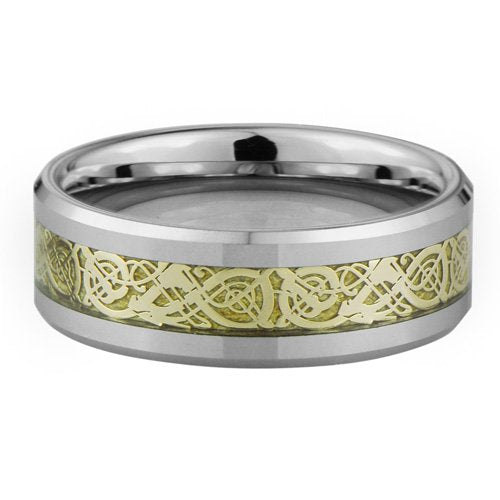 Jewelry Tungsten Carbide 8 mm Comfort Fit Flat Wedding Band Ring Celtic Dragon Gold Inlay、mySite、topwebapps