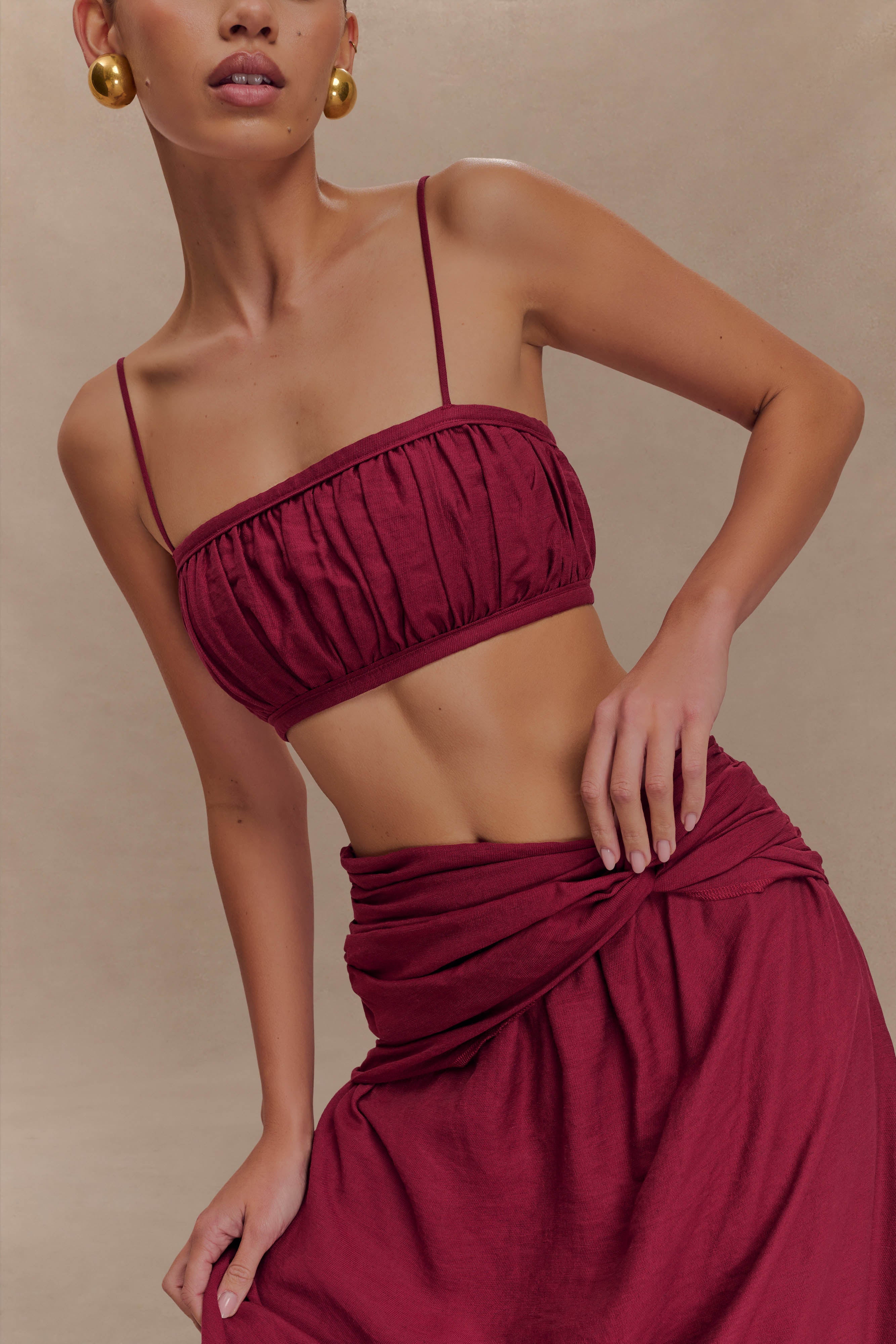 Scottie Shirred Linen Bandeau - Wine、mySite、solidvoid
