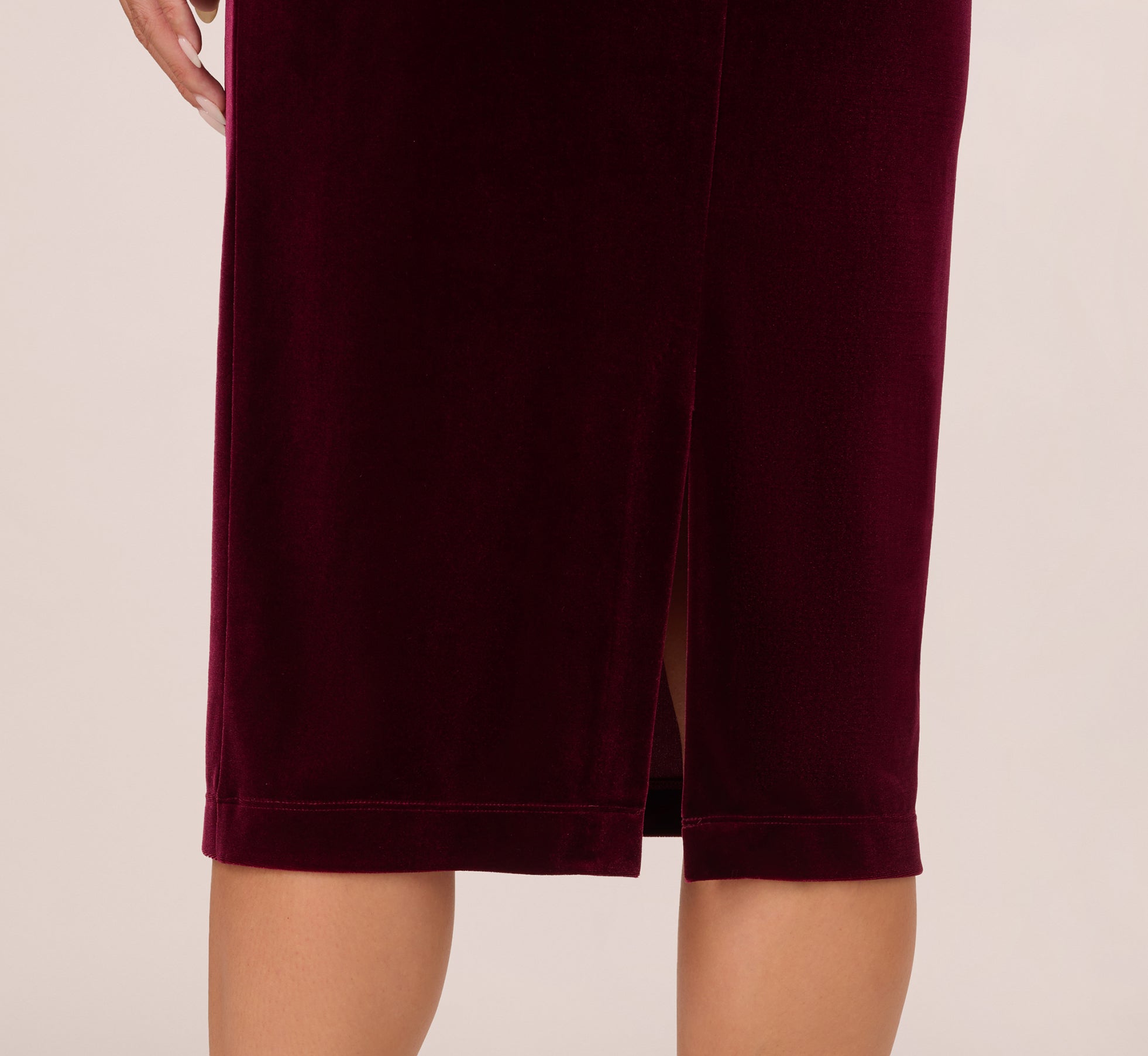 Long Sleeve Velvet Dress With Asymmetric Cutout Neckline In Burgundy、mySite、solidvoid