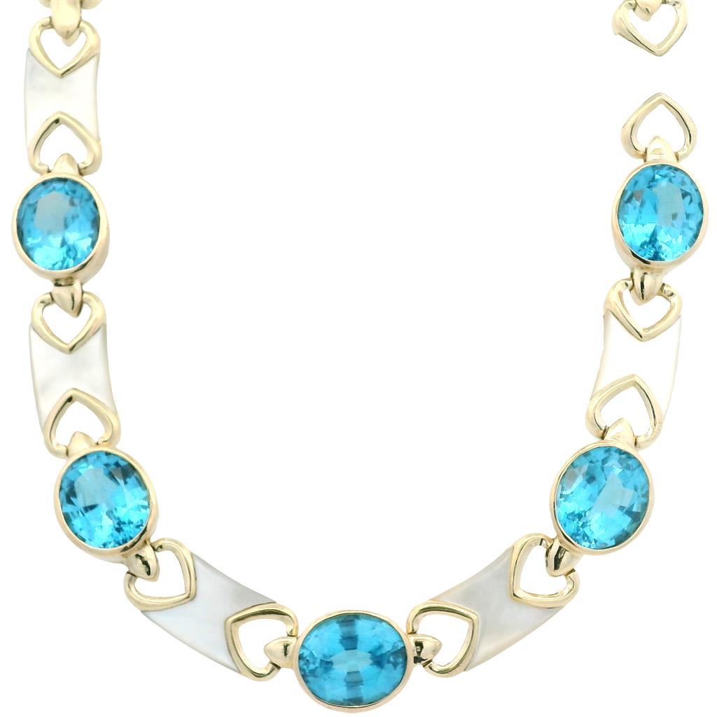  Estate 14K Yellow Gold Oval Blue Topaz & Mother of Pearl Link Necklace