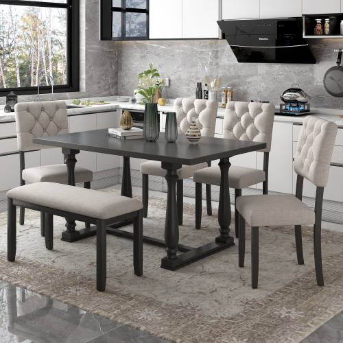 TREXM 6-Piece Dining Table and Chair Set with Special-shaped Legs and Foam-covered Seat Backs&Cushions for Dining Room (Gary)、、casual