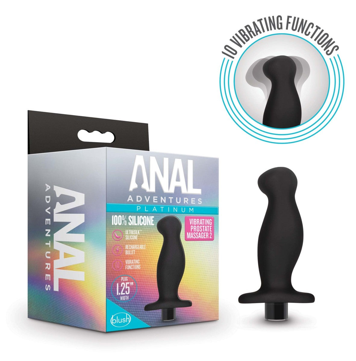 Anal Adventures Platinum By Blush® | Prostate Massager 02 Curved Black 4.25-Inch Vibrating Rechargeable Anal Plug、mySite、bottomscart