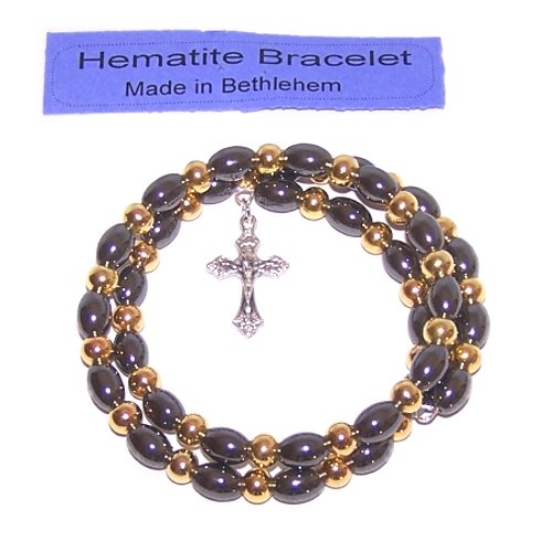  Expandable wired Hematite religious bracelet with Silver tone Crucifix and gold metal beads、mySite、elrpsem3k