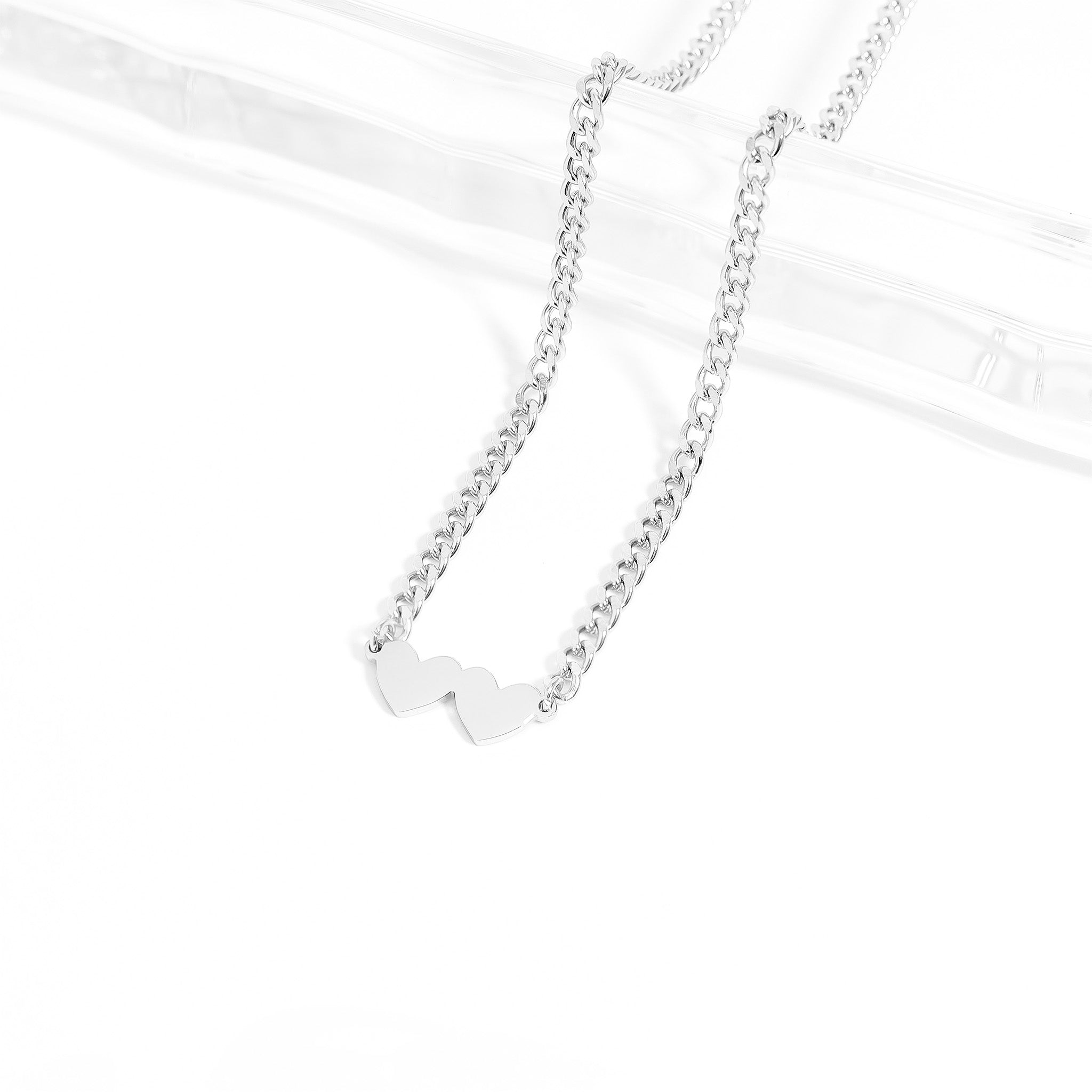 18K Gold PVD Stainless Steel Engravable 2 Hearts on Curb Chain Necklace / SBB0364、mySite、dreamappss