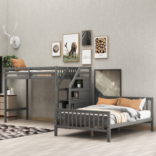 Twin over Full Loft Bed with Staircase,Gray(OLD SKU:SM000107AAE)、、casual