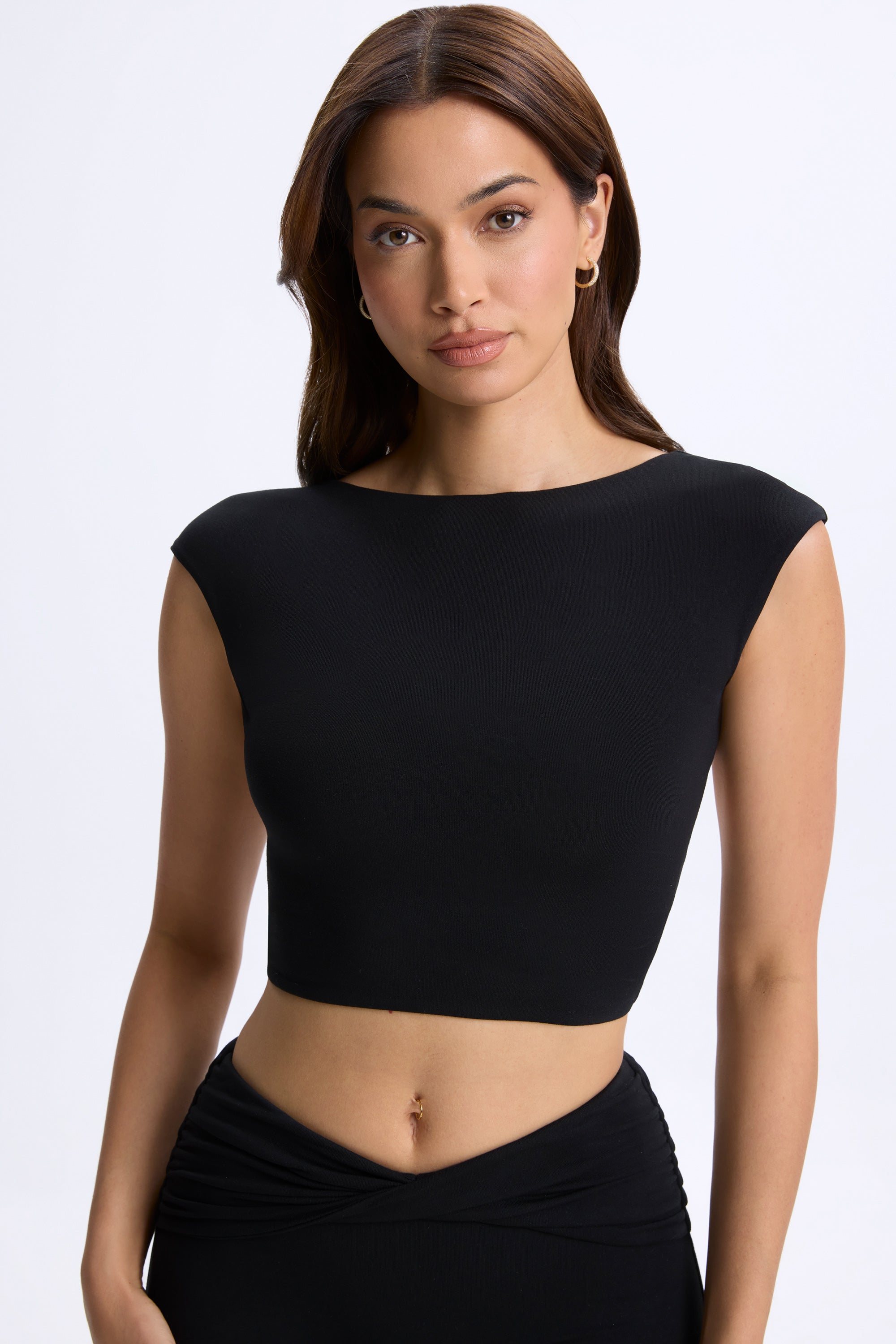 Cap-Sleeve Open-Back Crop Top in Black、mySite、solidvoid