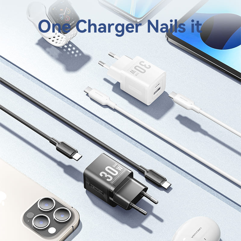 Vention 2-Port USB (C+A) GaN Charger (30W/30W) with USB-C to USB-C Cable (1M) EU-Plug、mySite、fannypackpong