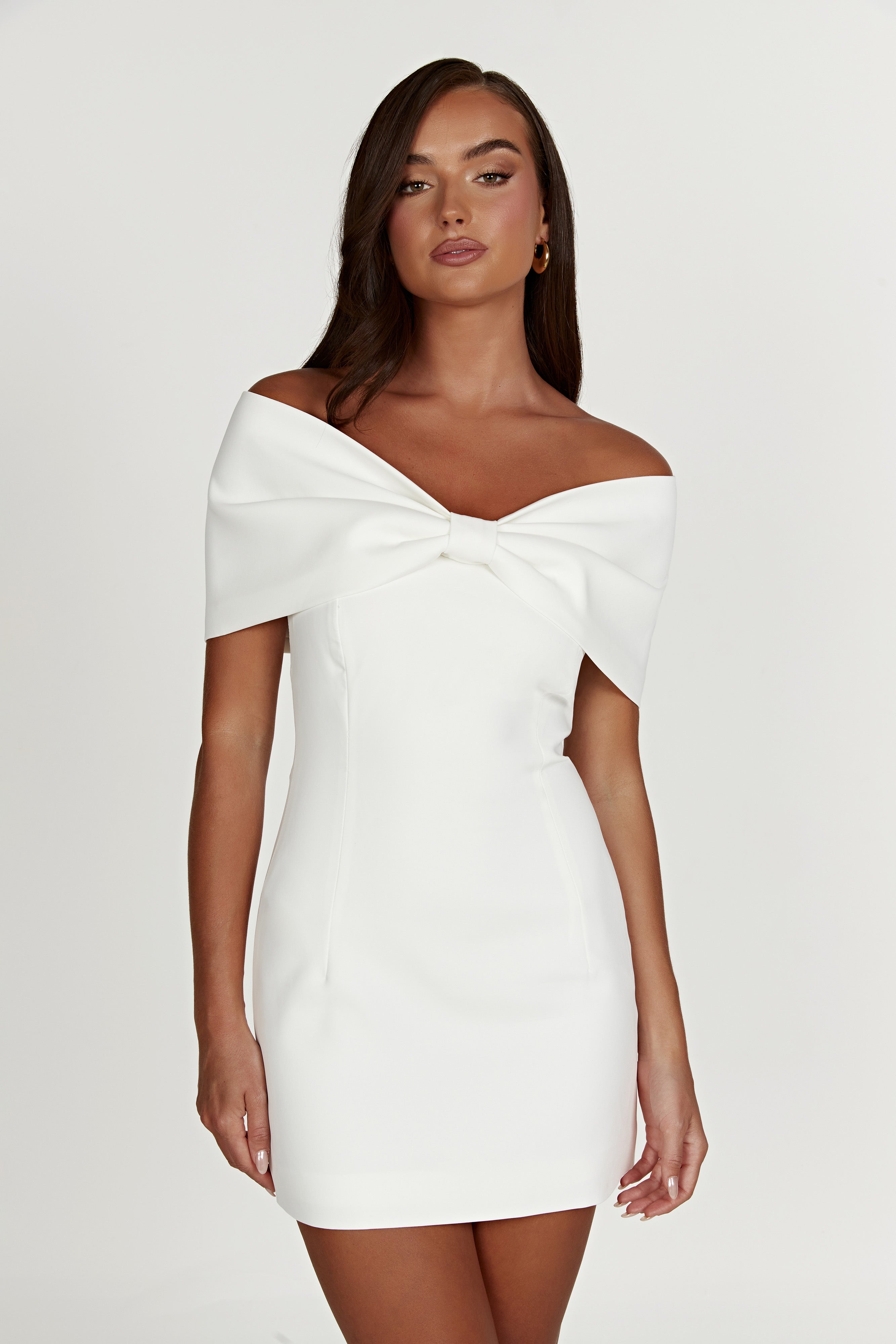 Gwyneth Off Shoulder Bow Mini Dress - White、mySite、solidvoid