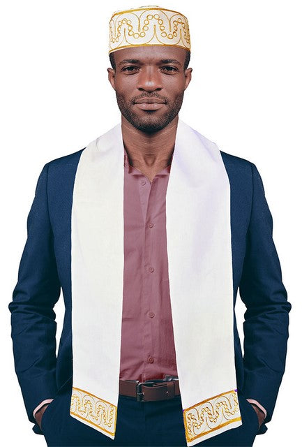 Off White and Gold Embroidered African Hat and Sash-Scarf、mySite、solidvoid