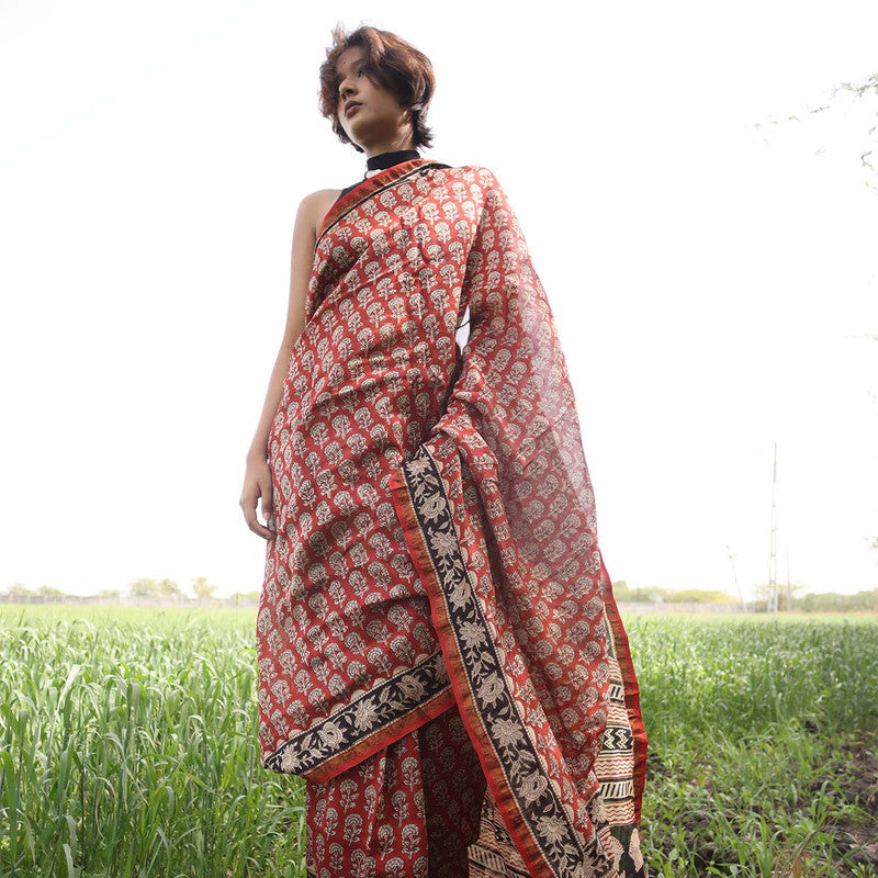 Festive Wear | Chanderi | Bagru Printed Saree | Red、mySite、camillekostekn