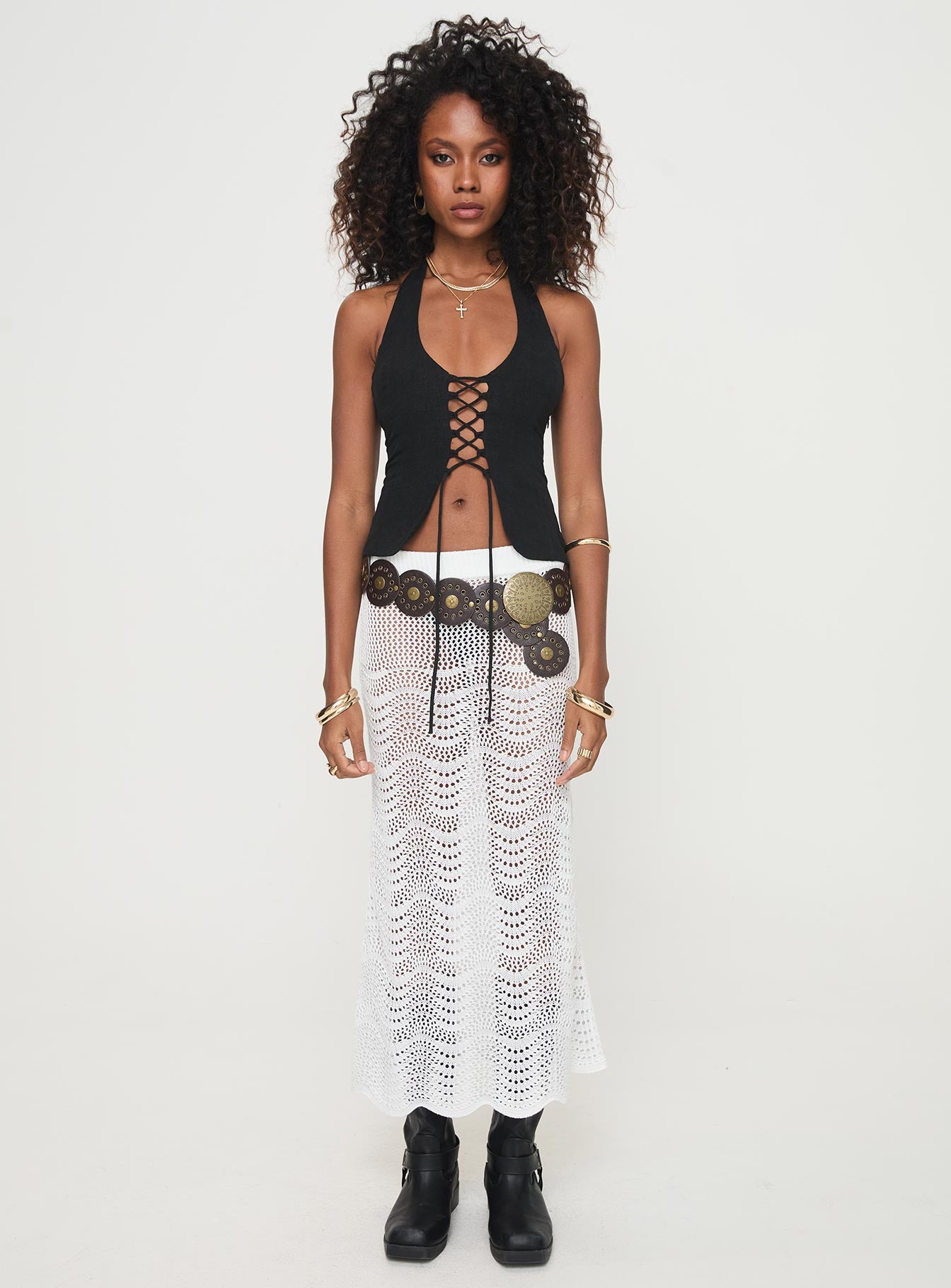 Kastio Crochet Midi Skirt White、mySite、solidvoid