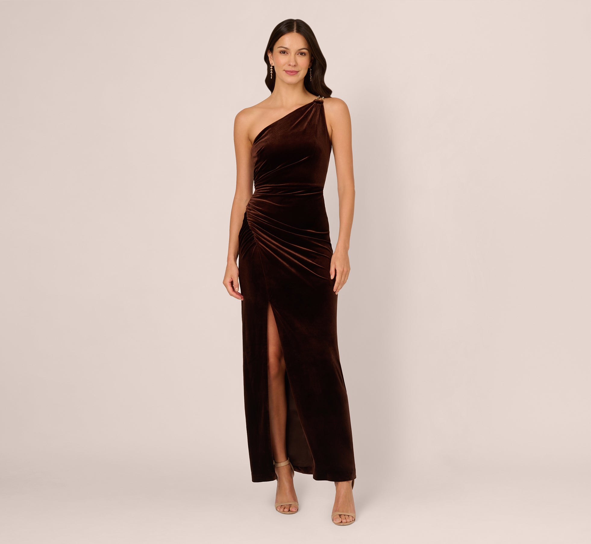 One Shoulder Draped Velvet Gown With Chain Accent In Dark Brown、mySite、solidvoid