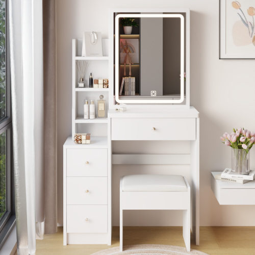 29.2" Small Size Left Bedside Cabinet Vanity Table + Cushioned Stool, Large Sliding, Touch Control, Tri-color Switching, Brightness Adjust LED Mirror, High Capacity Storage, Suitable for Small Space、、xpatfood