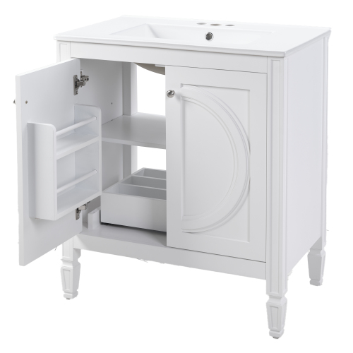 30" No Assembly Needed Vintage White Bathroom Vanity with Ceramic Sink,Two Soft-Close Doors & Adjustable Shelf,Modern Farmhouse Style、、xpatfood