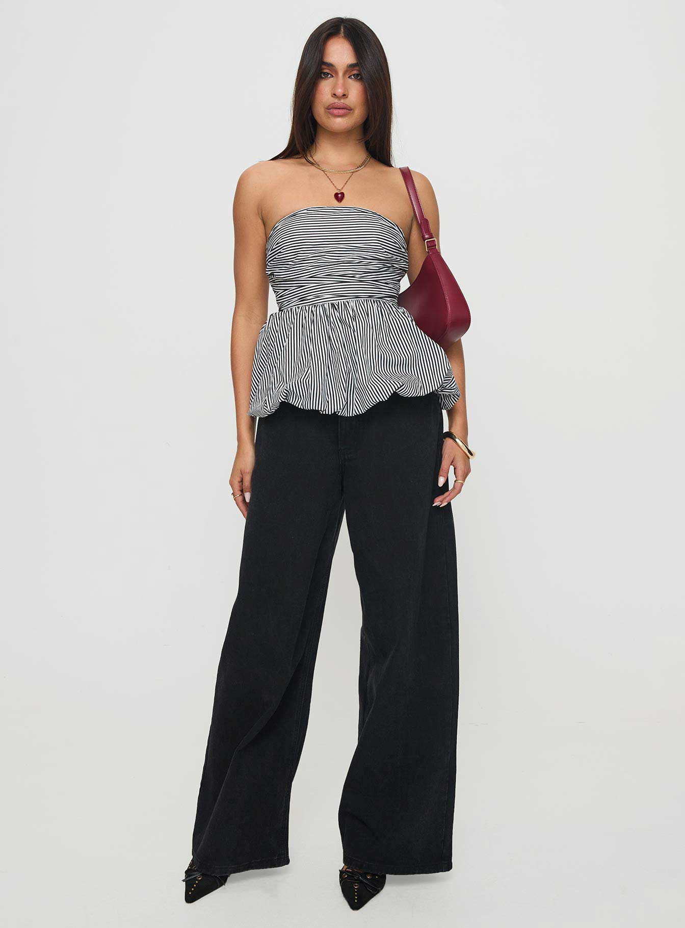 Selenea Bubble Hem Top Black / White、mySite、solidvoid