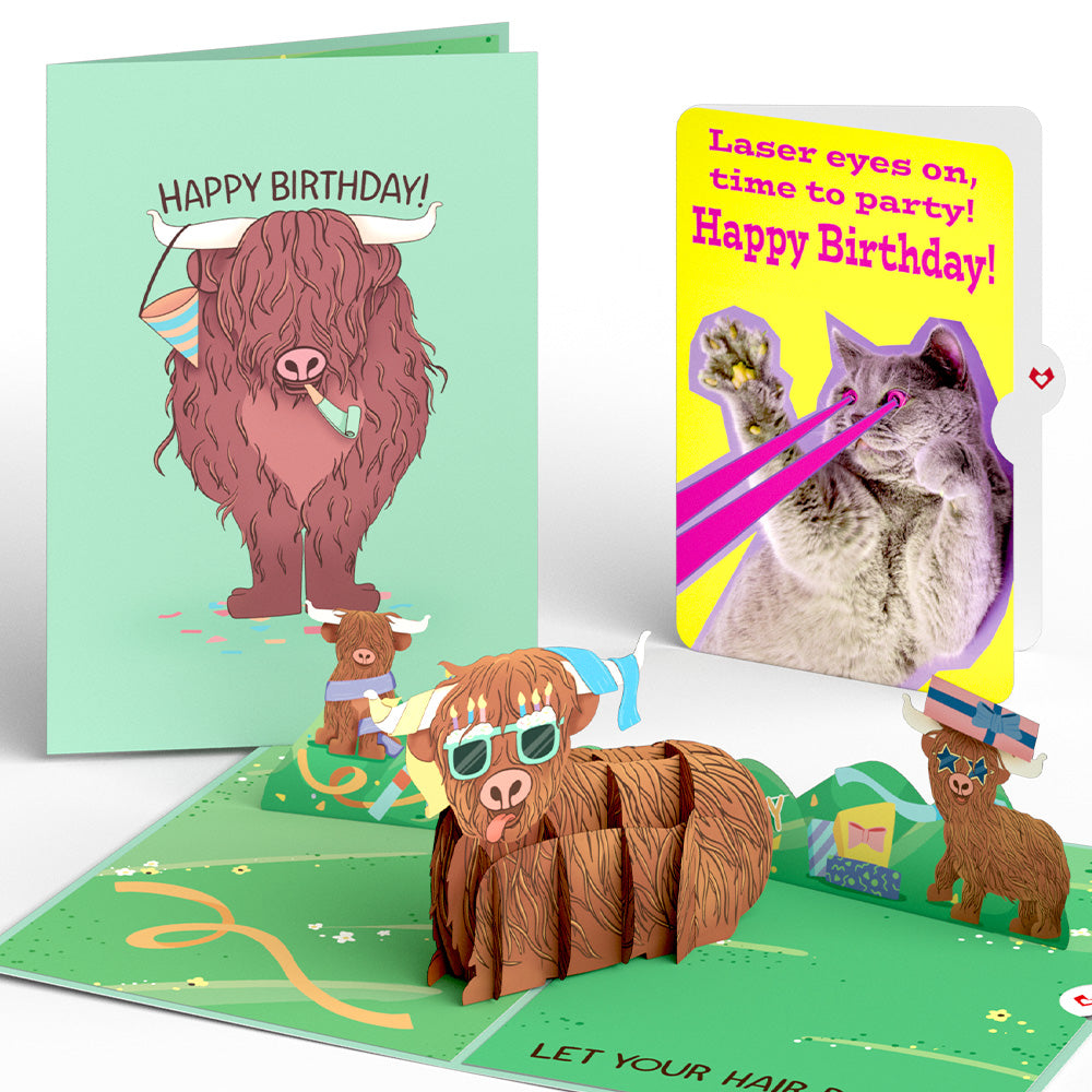 Highland Cow with Cat Laser Eyes Birthday Pop-Up Card and Sentiment Set、mySite、solidvoid