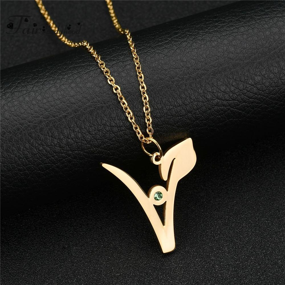 V Stainless Steel Pendant with Green Stone, Rose, White or Yellow Gold Plated、mySite、g9winljtr