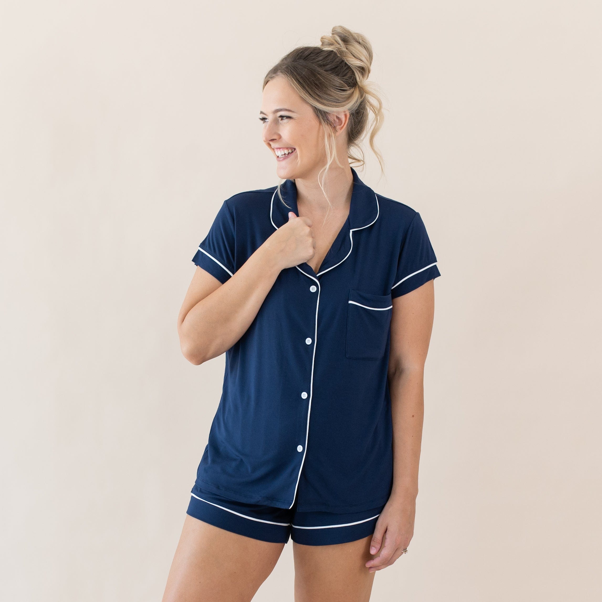  Women’s Short Sleeve Pajama Set in Navy with Cloud Trim、mySite、layawaytickets