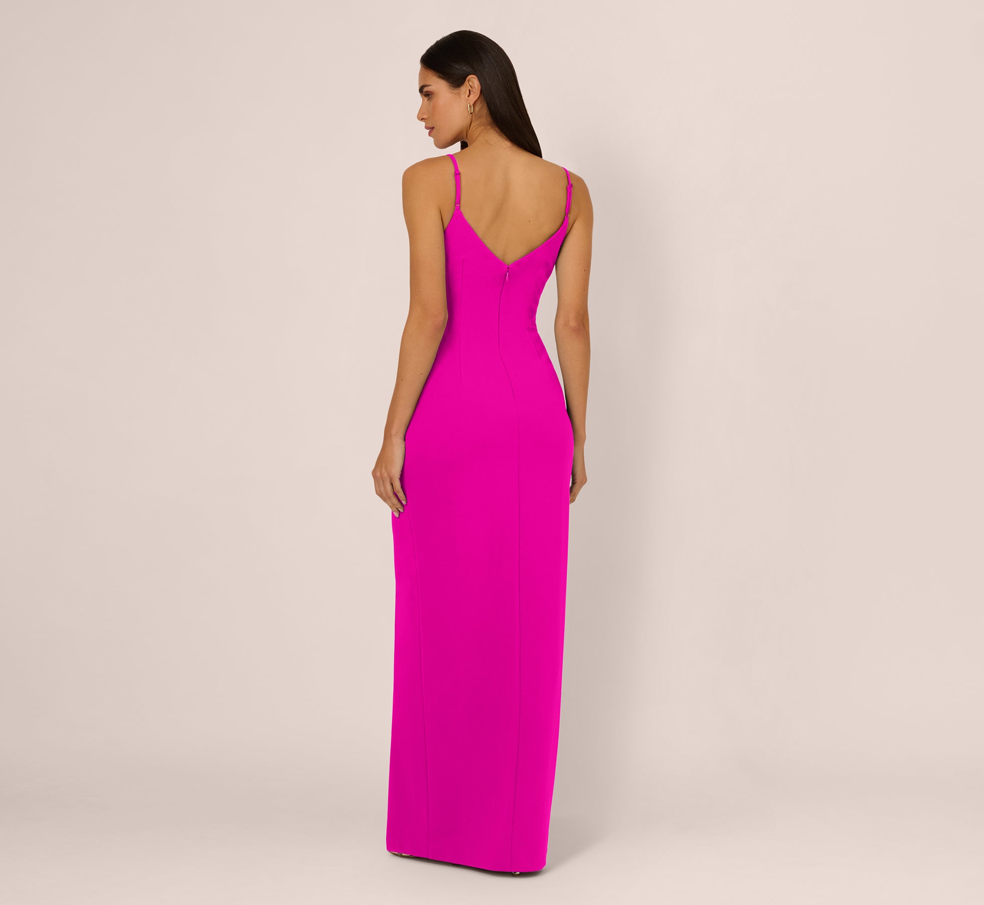 Sleeveless Knit Crepe Rhinestone Bow Column Gown In Pink Flame、mySite、solidvoid
