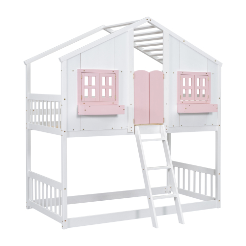 Twin over Twin House Bunk Bed with Roof , Window, Window Box, Door , with Safety Guardrails and Ladder,White、、casual