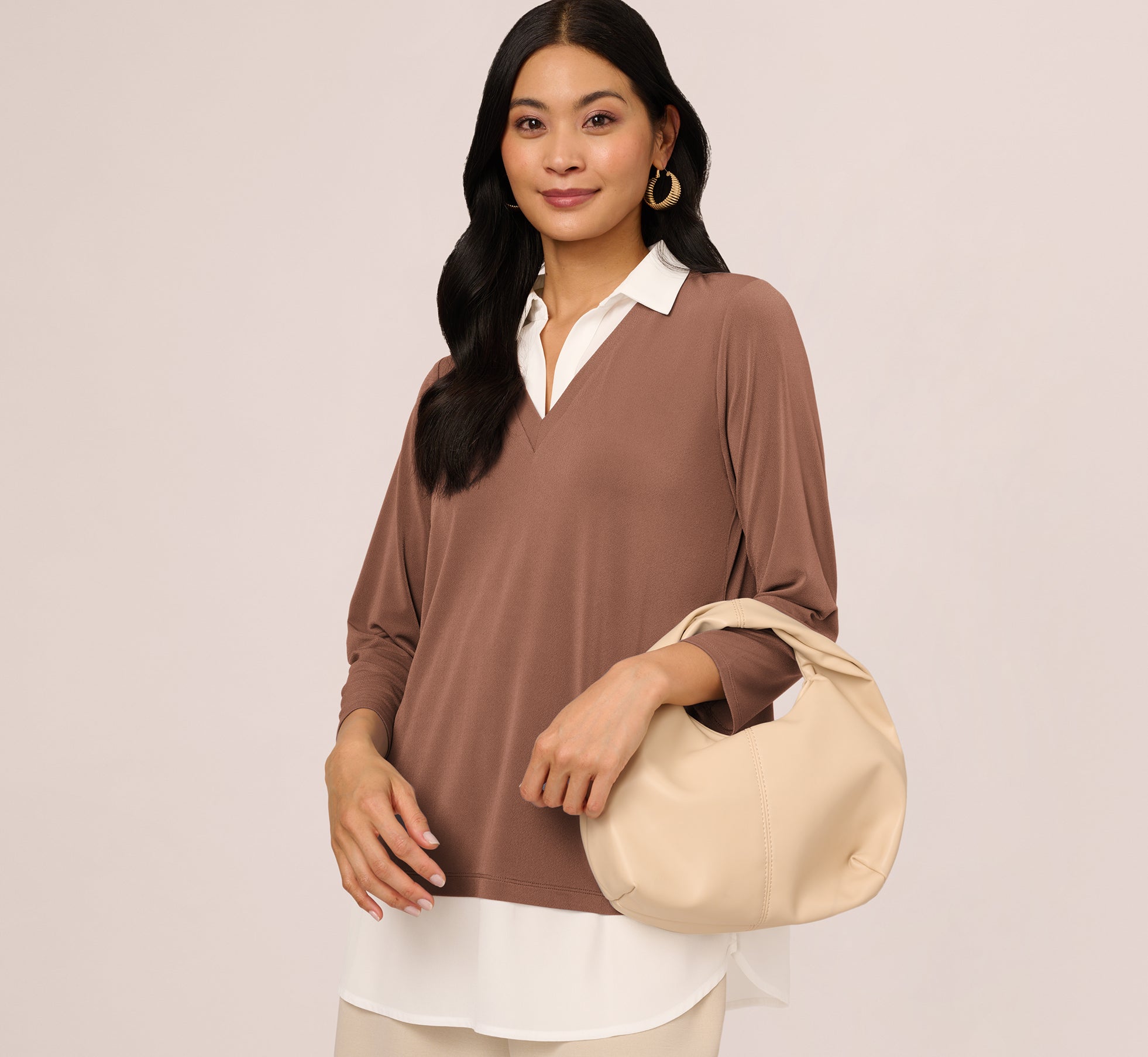 Three Quarter Sleeve Collared Twofer Sweater In Elderberry Ivory、mySite、solidvoid