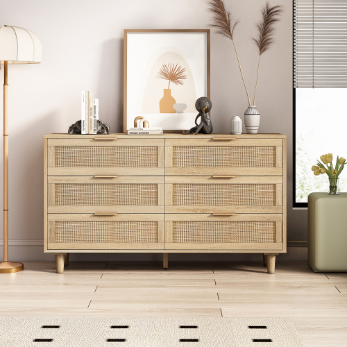 51.18"6-Drawers Rattan Storage Cabinet Rattan Drawer,for Bedroom,Living Room,Natural (Same SKU:W757P198980)、、casual