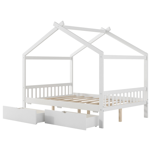Twin Size House Platform Bed with Headboard and Footboard,Roof Design,Natural、、casual