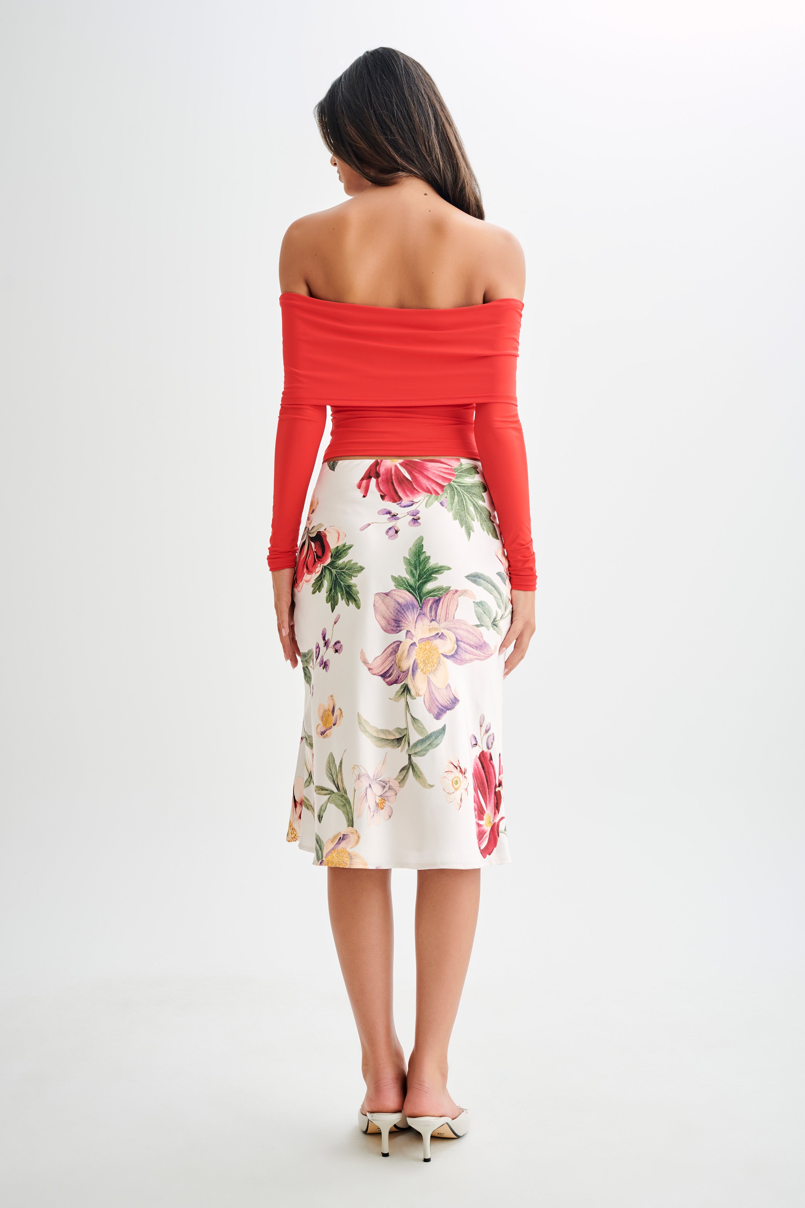 Prue Ruched Off Shoulder Long Sleeve Top - Pomegranate、mySite、solidvoid