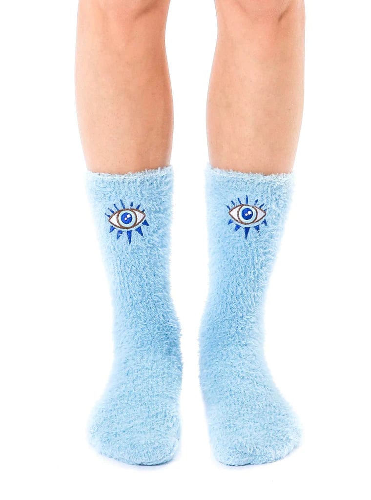 Fuzzy Evil Eye Blue Crew Socks with Grippy Bottoms、mySite、g9winljtr