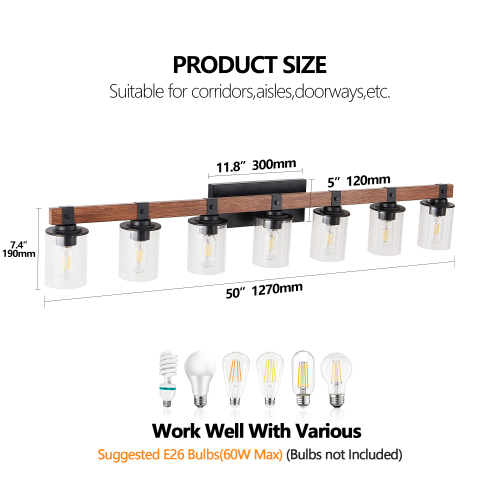 (Same as W1340119957/L1016) 27" Rustic 4-Light Vanity Light, Industrial Bathroom Wall Sconce with Glass Shades and Wood Accent, Modern Farmhouse Lighting Fixture (No Bulbs)、、eastwooduniform