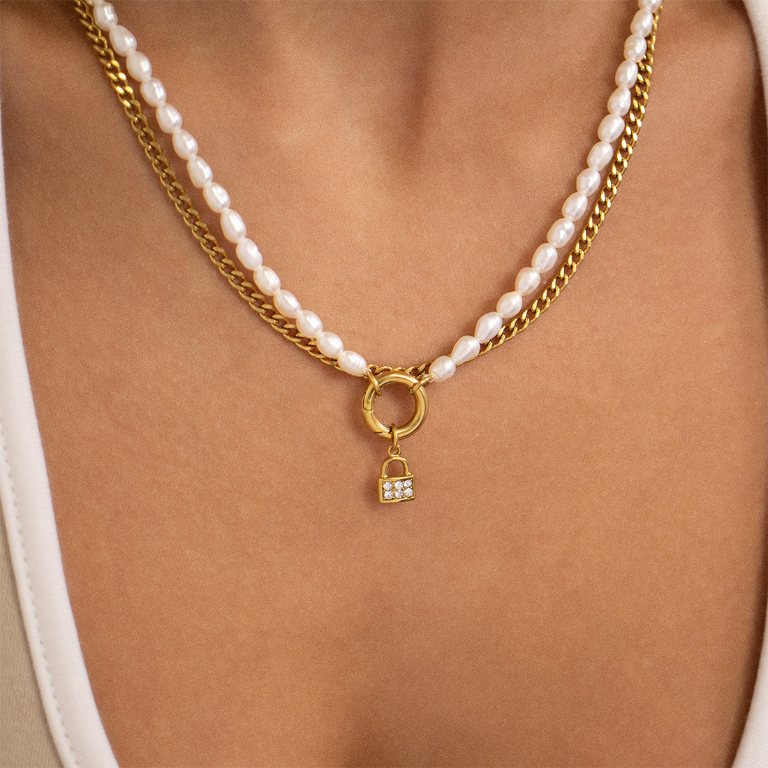 18K Gold PVD Stainless Steel Freshwater Pearl Charm Holder Necklace / CHN0100、mySite、dreamappss