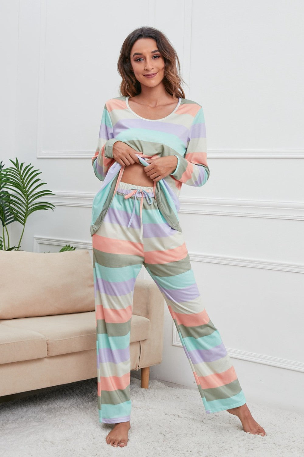  Striped Round Neck Long Sleeve Top and Drawstring Pants Lounge Set、mySite、justintrudeaud