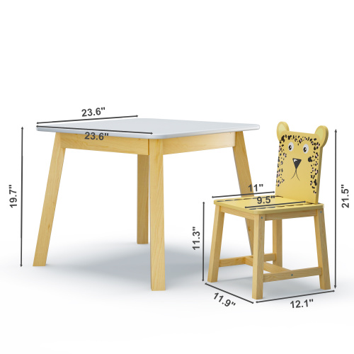 Kids Table and 2 Chairs Set, 3 Pieces Toddler Table and Chair Set, Wooden Activity Play Table Set (Lion&Monkey)、、casual