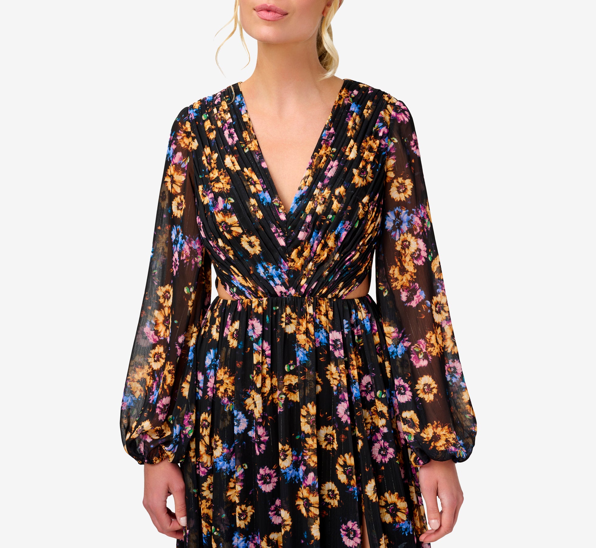 Floral-Print Pleated Chiffon Long A-Line Gown In Black Multi、mySite、solidvoid