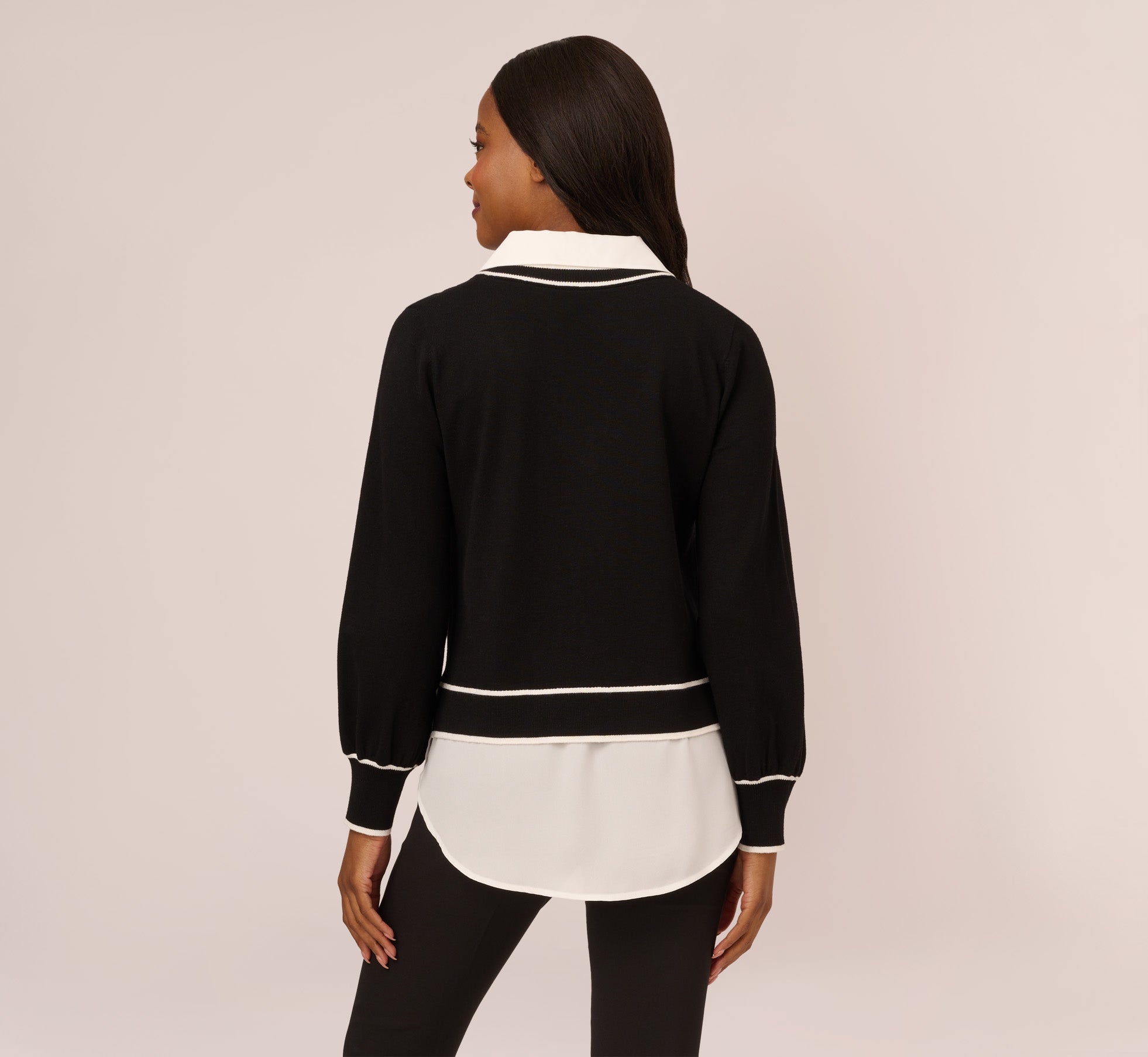 Long Sleeve Contrast Tipped Collared Twofer Sweater In Black Ivory W Ivory、mySite、solidvoid