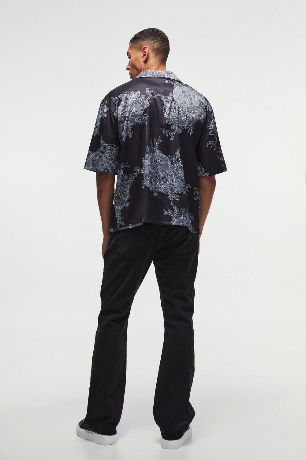  Boohooman Oversized Printed Satin Revere Triangle Pocket Shirt Black、mySite、justintrudeaud