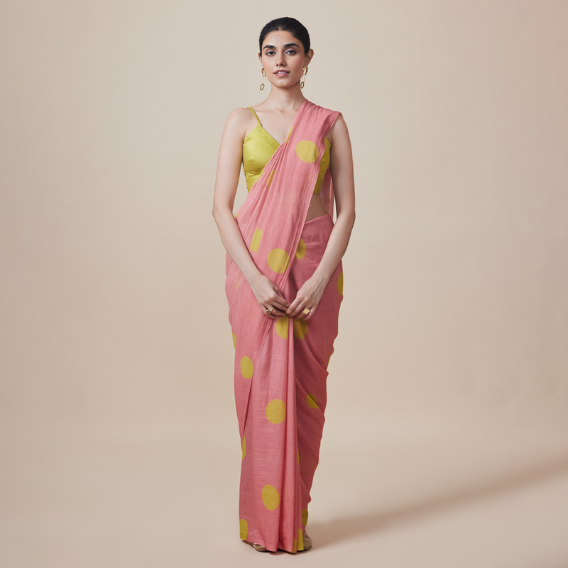 Cotton Solid Saree with Blouse | Polka Dots | Pink & Lime yellow、mySite、camillekostekn