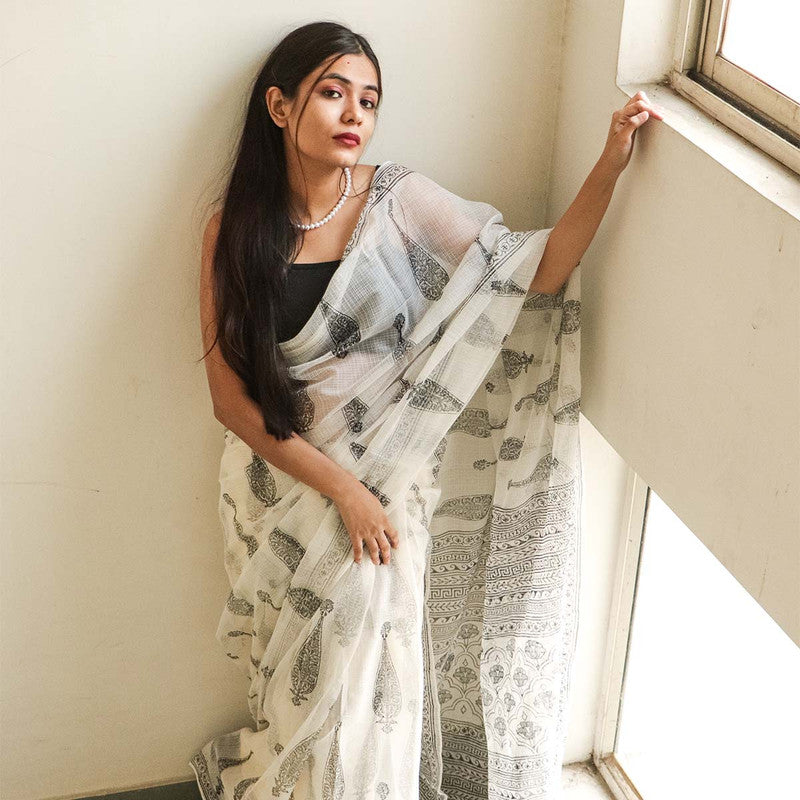 Handblock Printed Kota Doria Saree | White & Black、mySite、camillekostekn