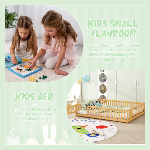 Twin Size Bed Floor Bed with Safety Guardrails and Door for Kids, Natural(Old SKU: W158090686)、、casual