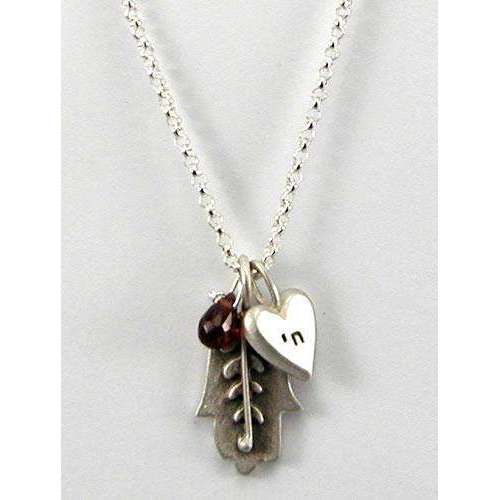 Emily Rosenfeld Hamsa Necklace with Chai Heart Charm and Dangling Garnet、mySite、topwebapps