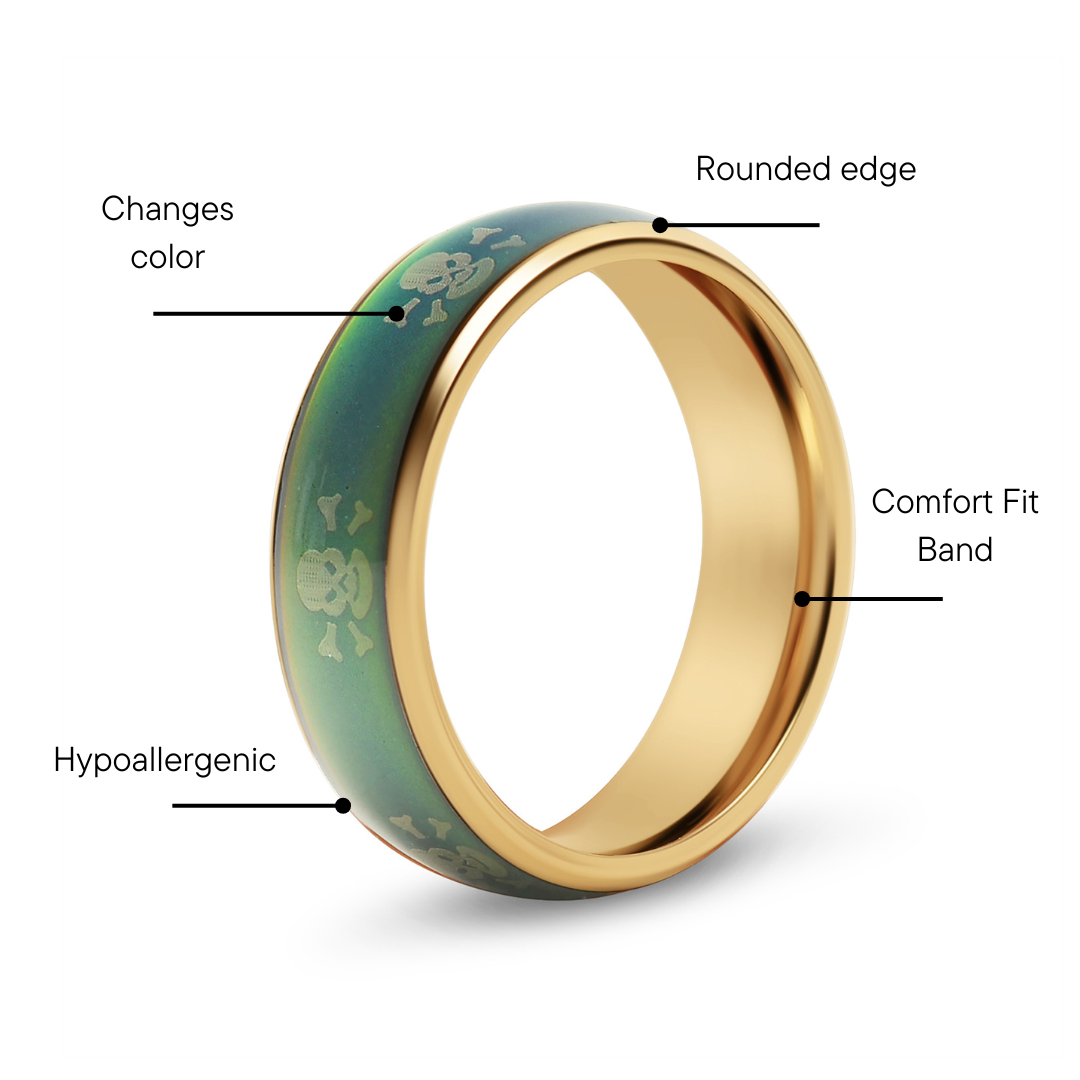 18K Gold PVD Stainless Steel Skull & Crossbones Mood Ring / CFR9013、mySite、dreamappss