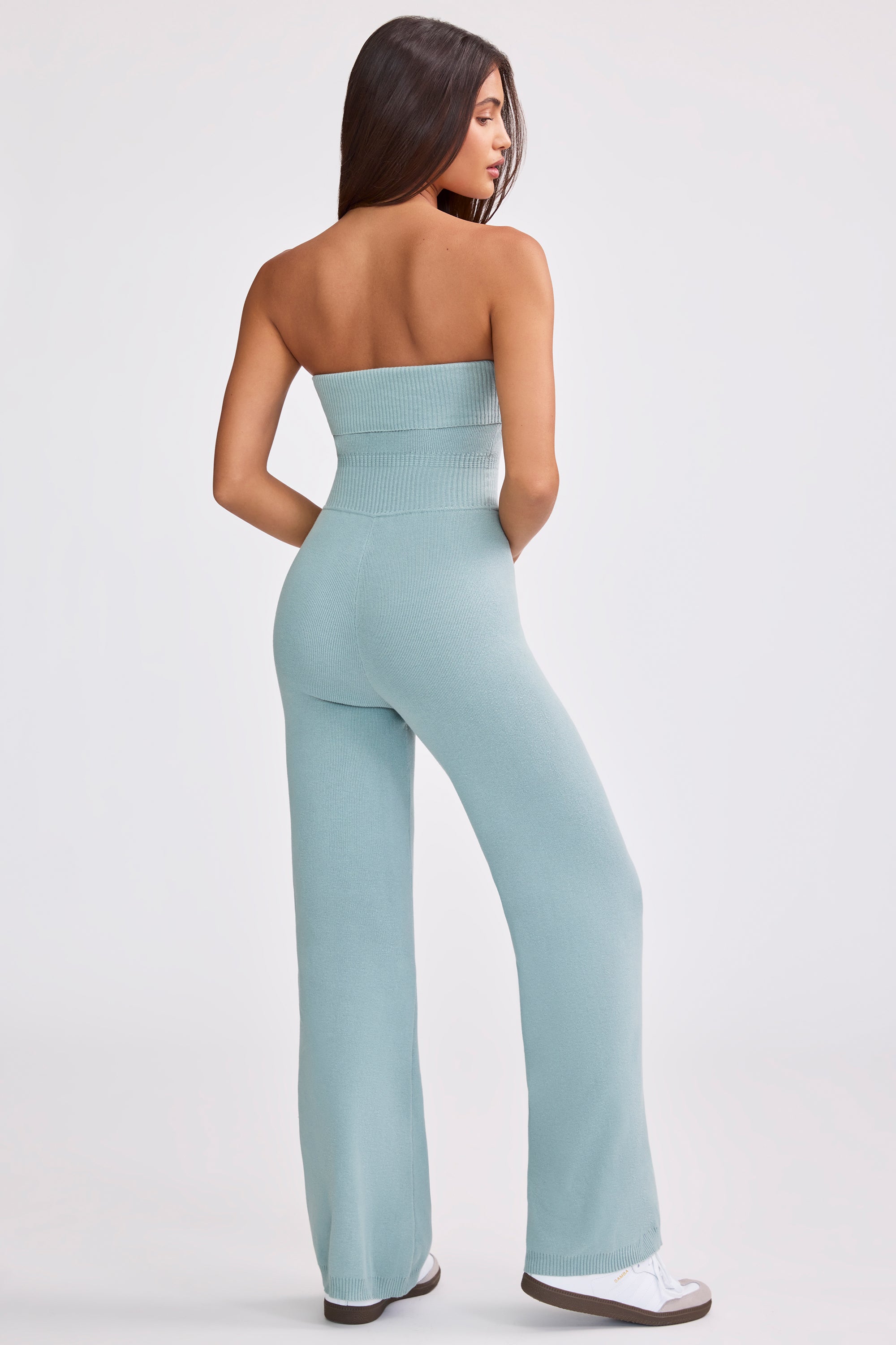 Bandeau Kick Flare Chunky Knit Jumpsuit in Dusty Teal、mySite、solidvoid
