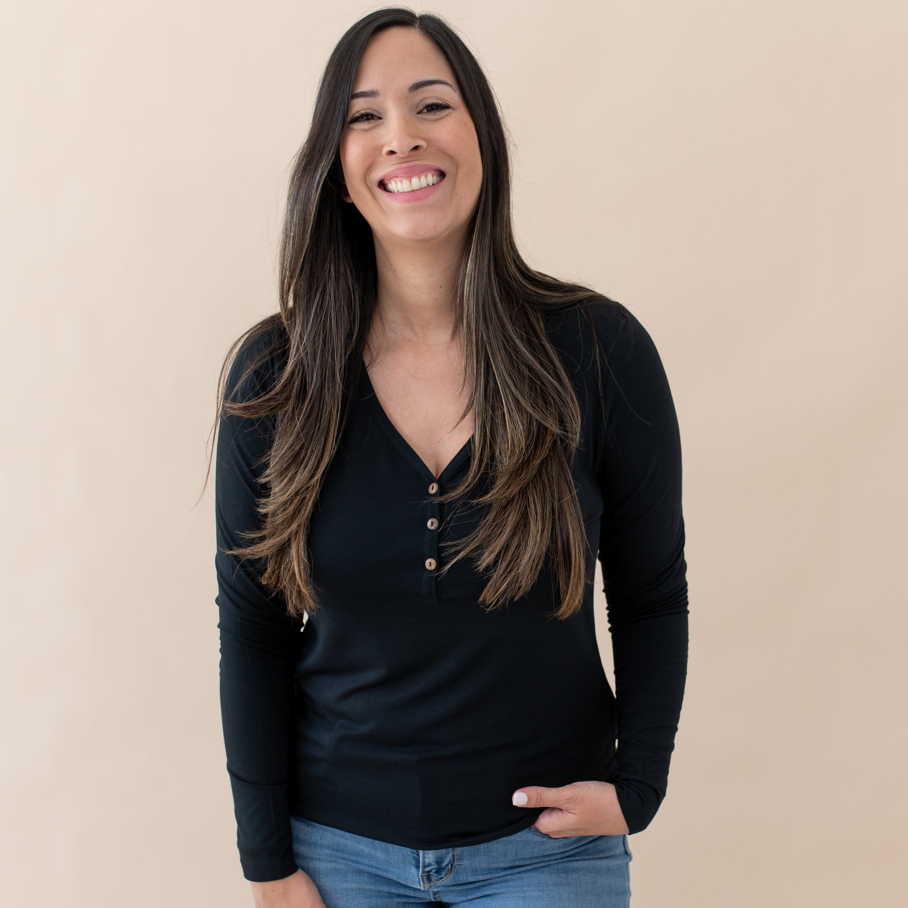  Women's Long Sleeve Henley Tee in Midnight、mySite、layawaytickets