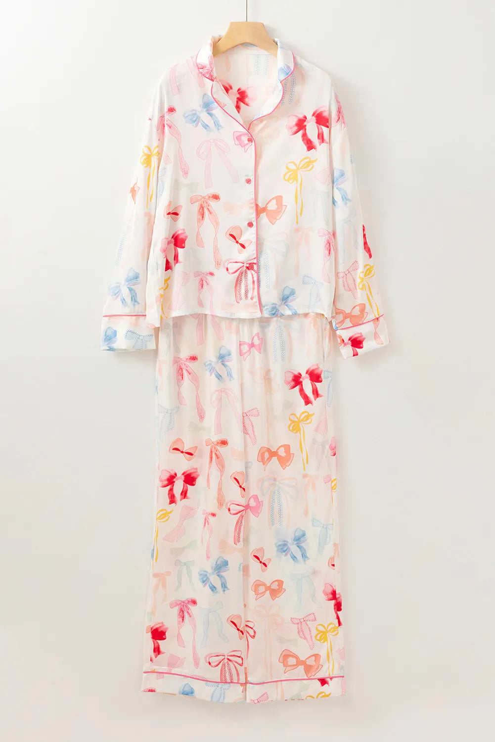  Bow Print Collared Neck Long Sleeve Top and Pants Lounge Set、mySite、justintrudeaud