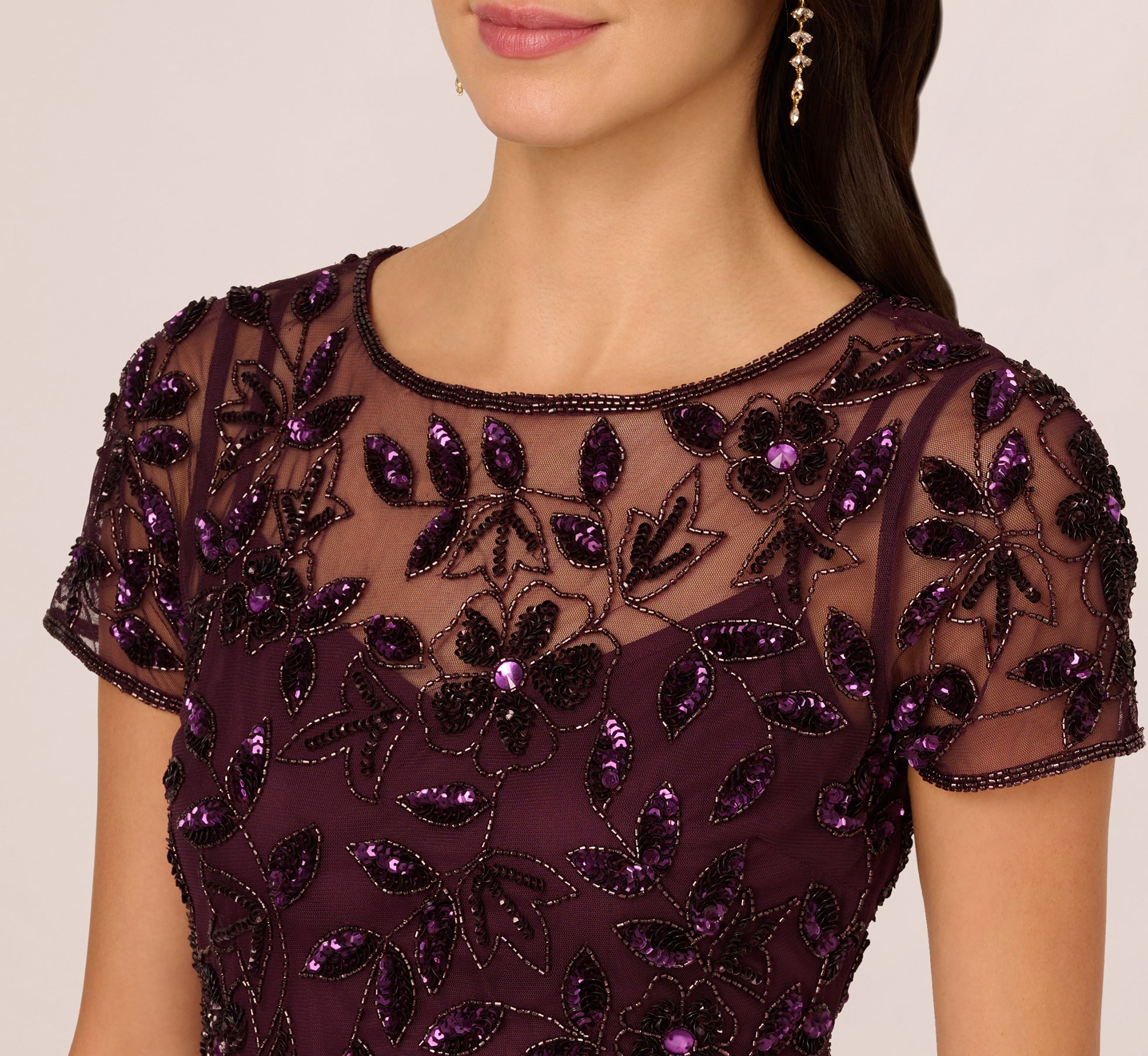 Hand Beaded Short Sleeve Floral Godet Gown In Night Plum、mySite、solidvoid
