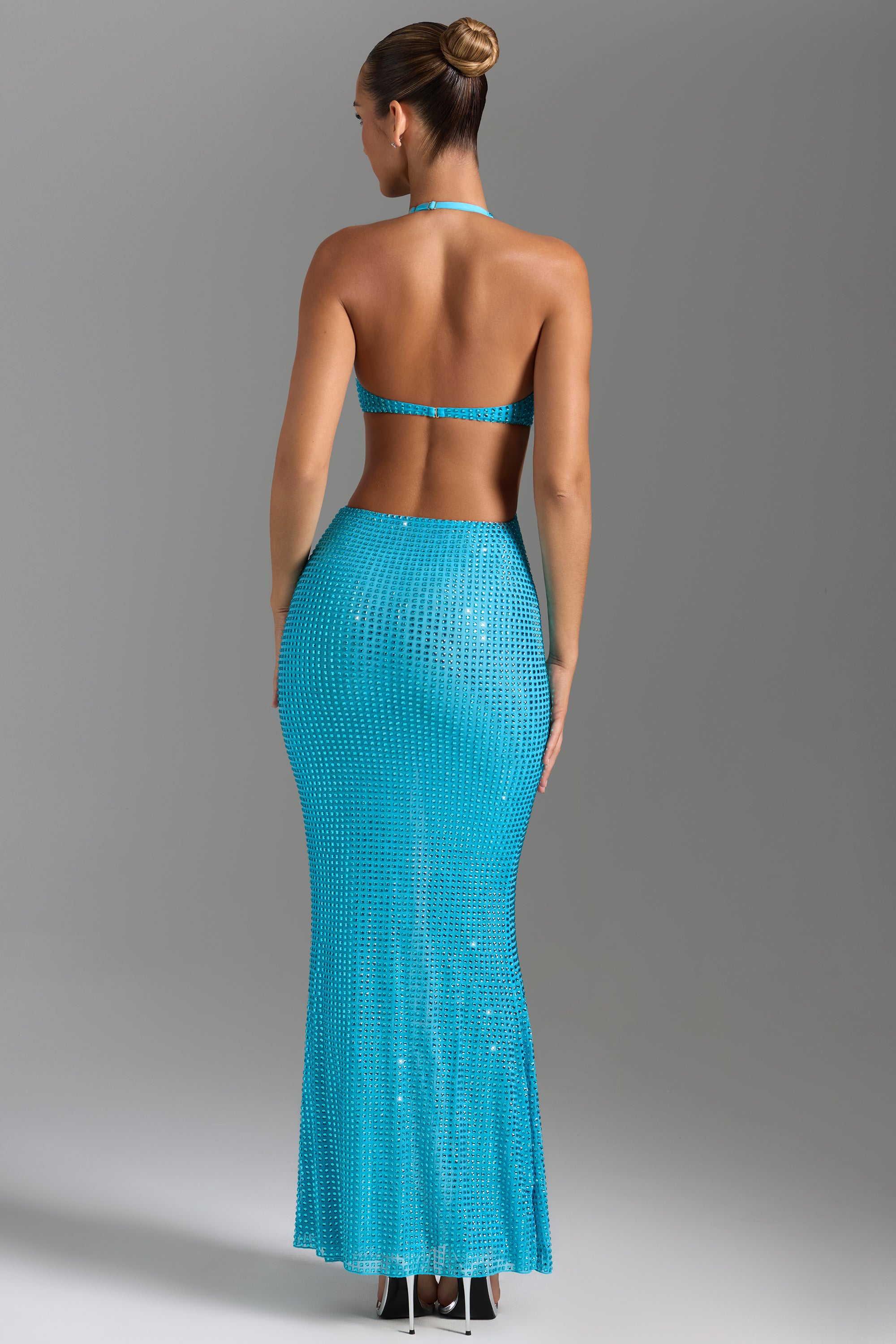 Embellished Cut-Out Halterneck Maxi Dress in Aqua Blue、mySite、solidvoid