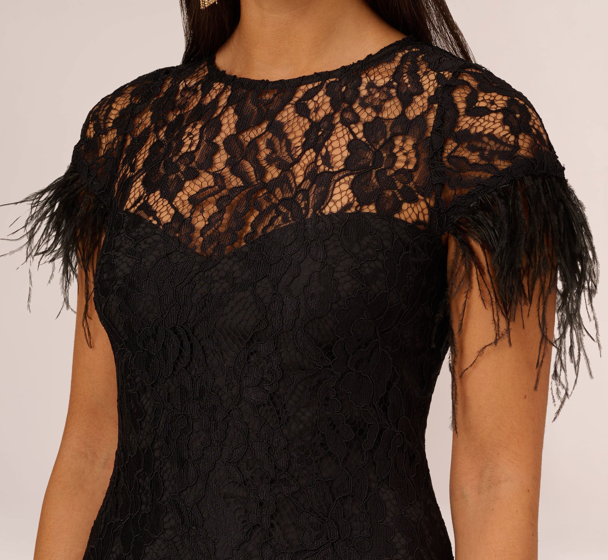 Floral Lace And Feather Trimmed Short Sheath Cocktail Dress In Black、mySite、solidvoid