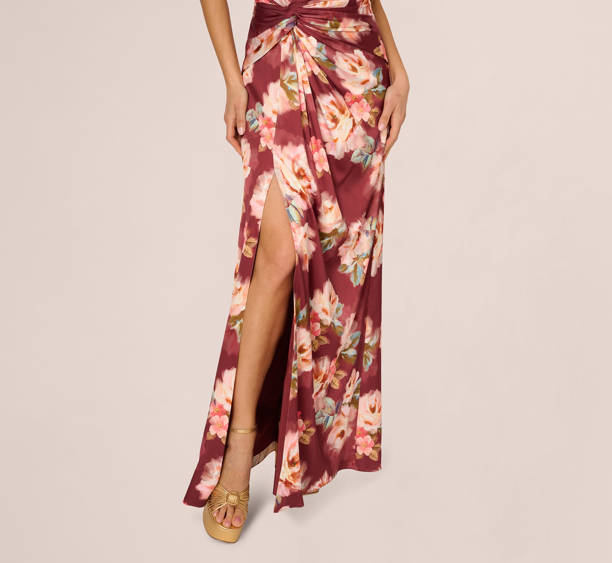 Floral Satin Twist Waist Halter Gown In Brown Multi、mySite、solidvoid