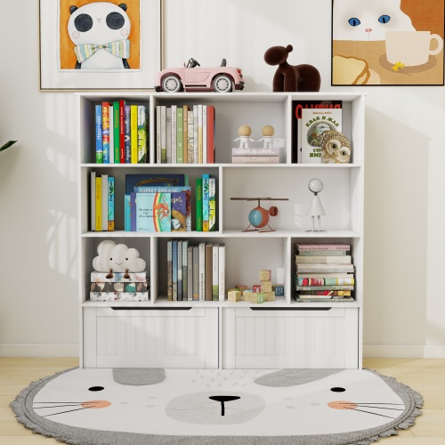 Toy Storage Organizer with 2 Movable Drawers, Multi-Functional 7 Shelf Kids Bookcase with 2 Hooks, Children Book Shelf for Kids Room, Nursery Storage Book Rack for Playroom, Classroom-White、、casual